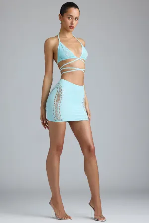 Casual Wear Mid Rise Embellished Mid-Rise Mini Skirt in Ice Blue