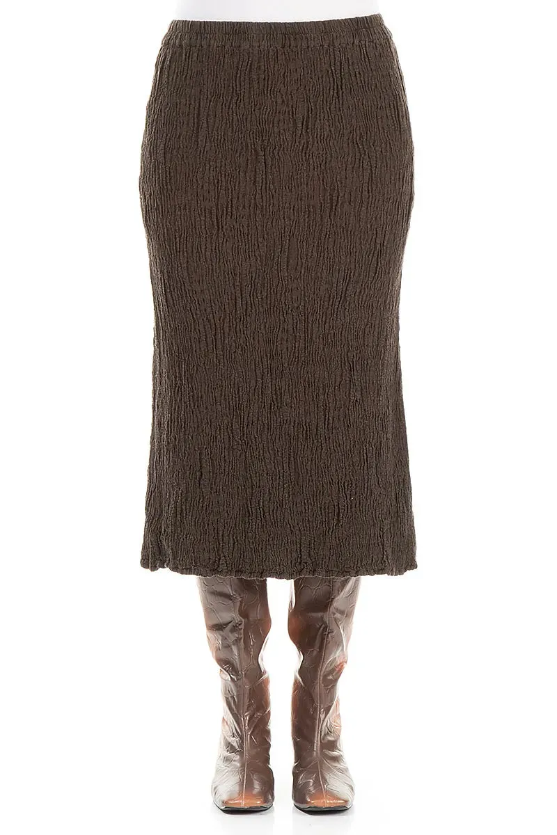 Embroidered Detail Forest Brown Textured Silk Linen Pencil Skirt