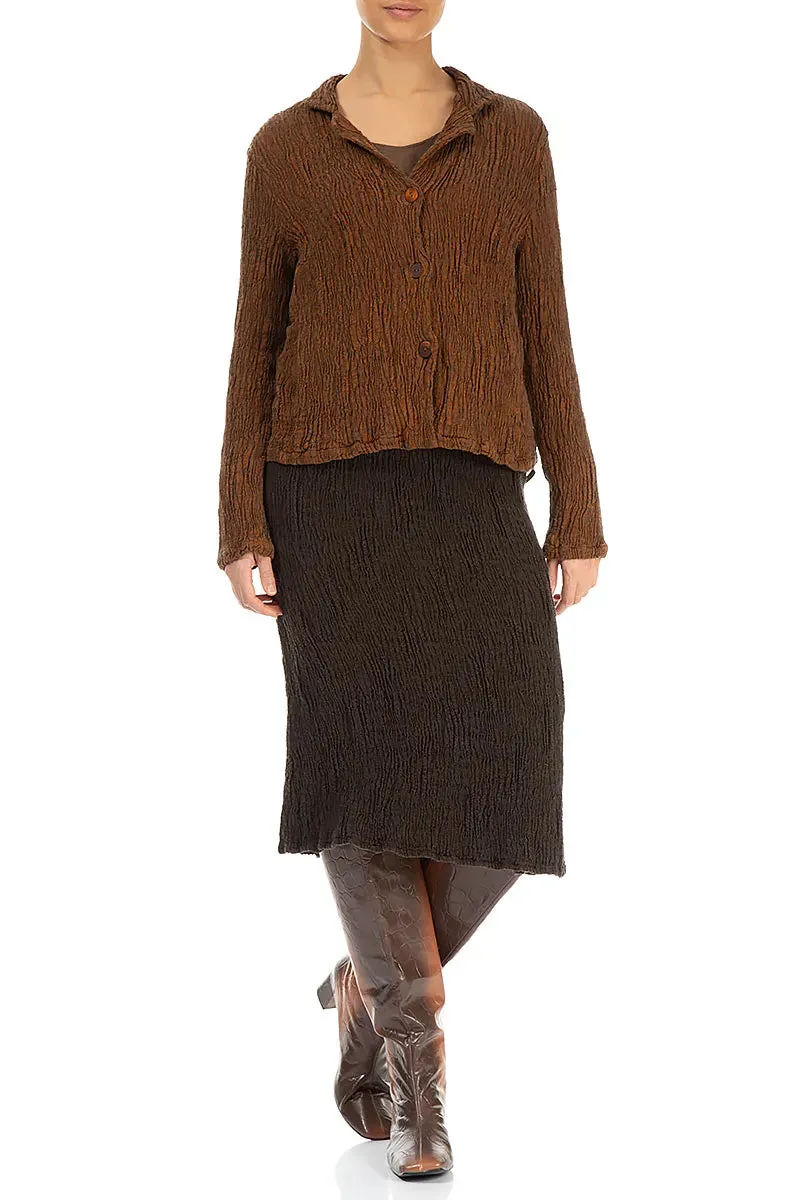Forest Brown Textured Silk Linen Pencil Skirt Easy Layer