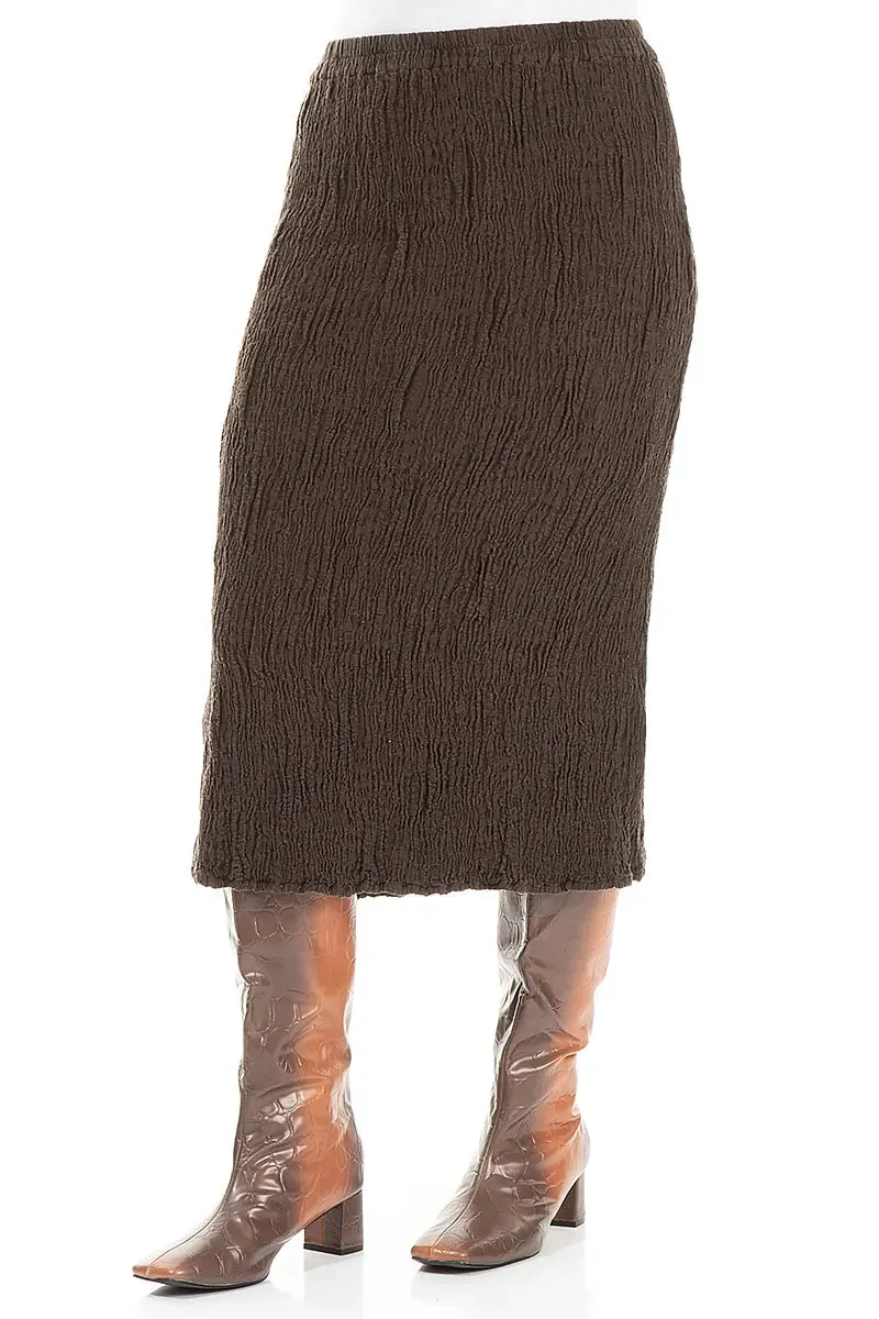 Twist Front Design A line Forest Brown Textured Silk Linen Pencil Skirt