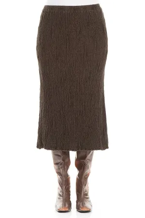Embroidered Detail Forest Brown Textured Silk Linen Pencil Skirt