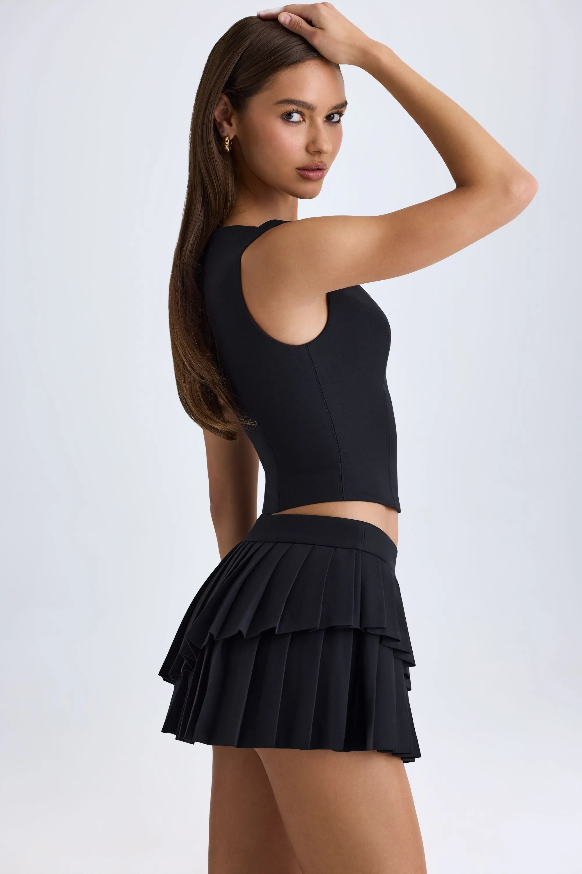 Runway Ready Organic Cotton Layered Pleated Low-Rise Mini Skirt in Black