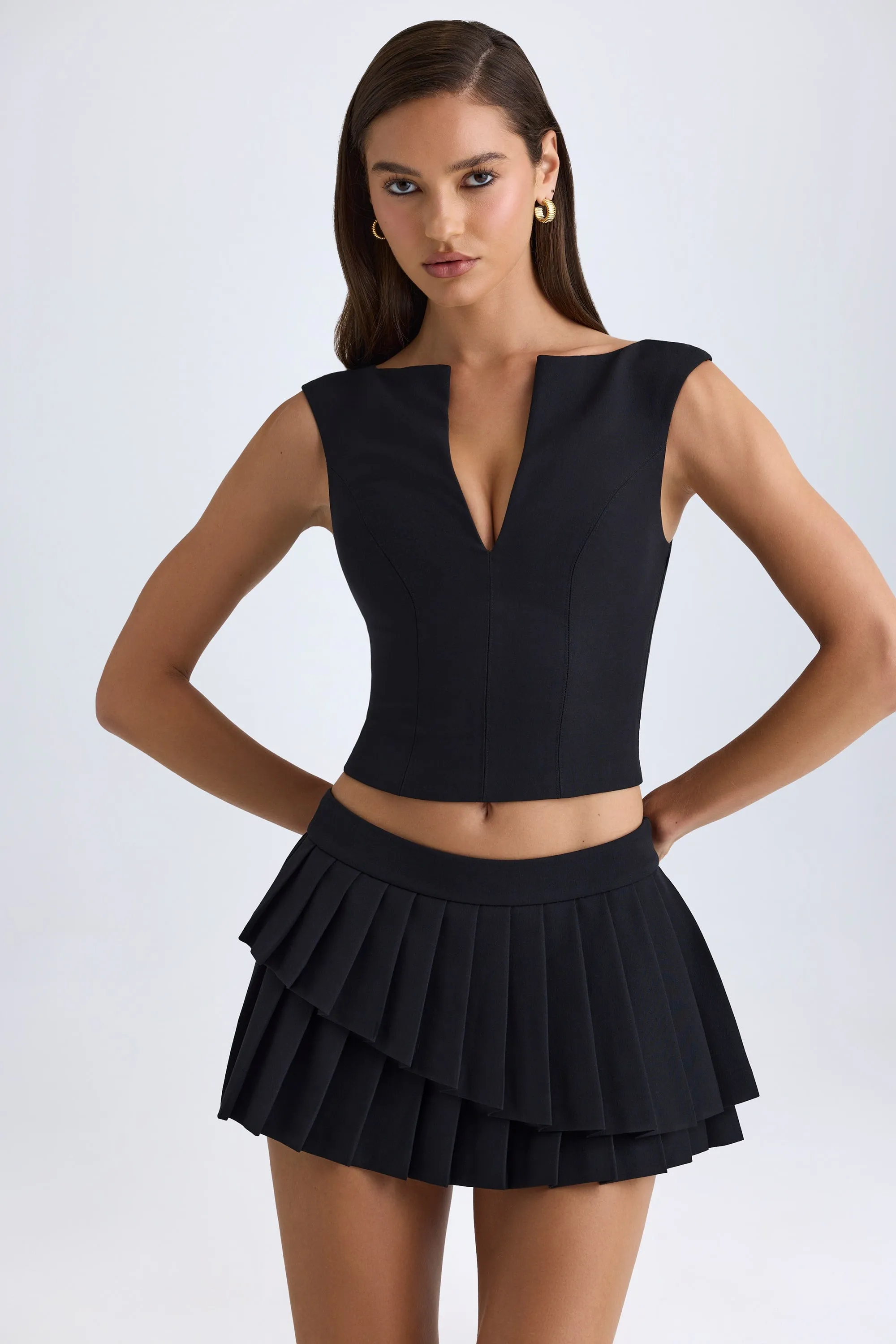 Layered Pleated Low-Rise Mini Skirt in Black Future Fashion