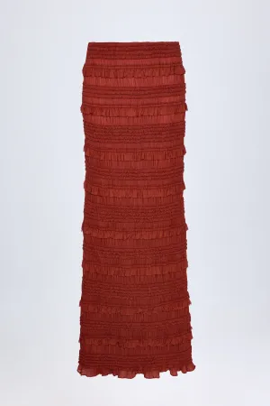 Outfit Display Clean Mood Ruffled Mid-Rise Maxi Skirt in Burnt Red