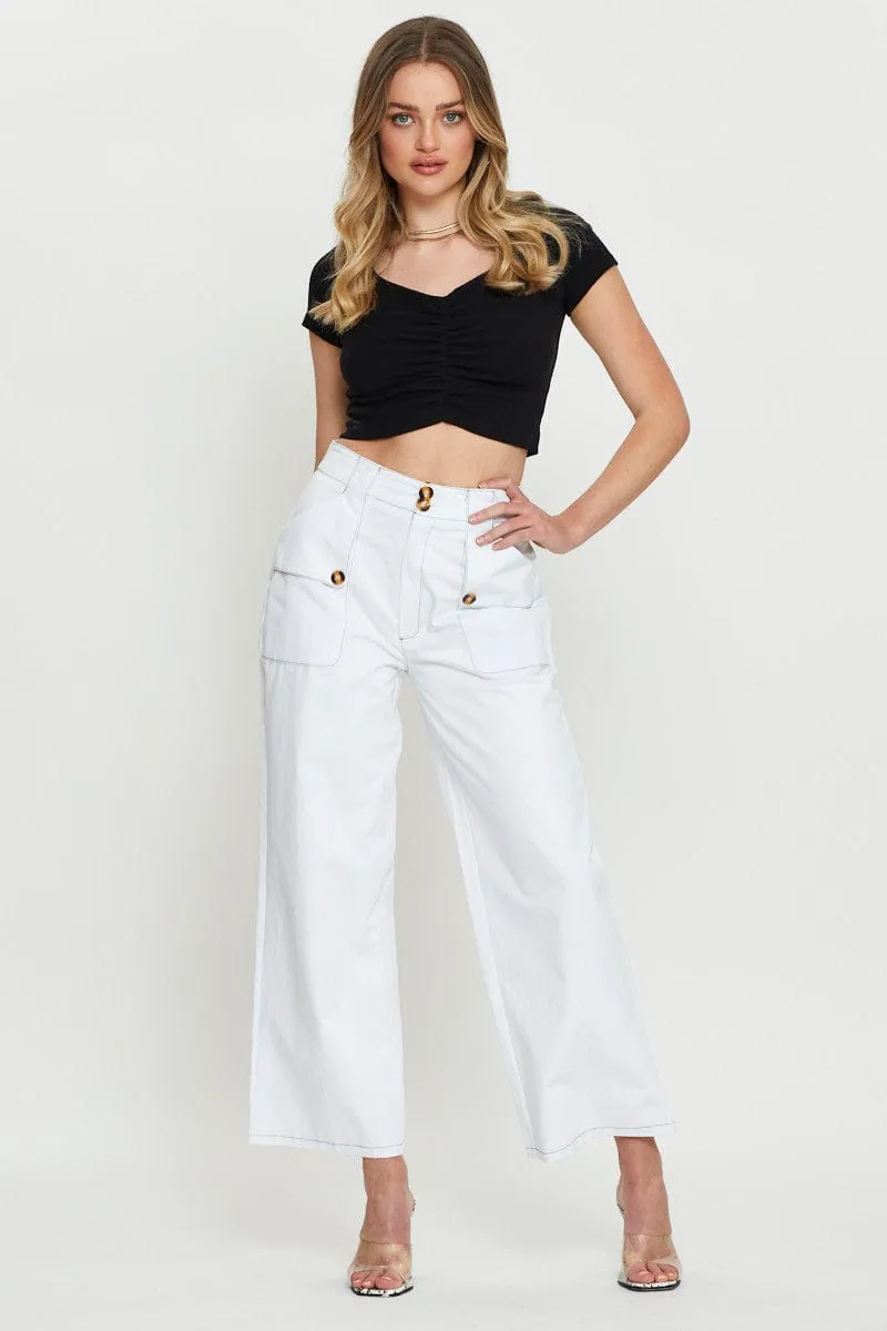 Warm Pants Foldable Hem Black Crop Top Short Sleeve
