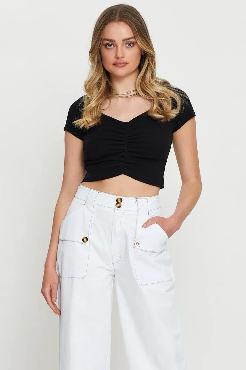 Black Crop Top Short Sleeve Soft Sweater