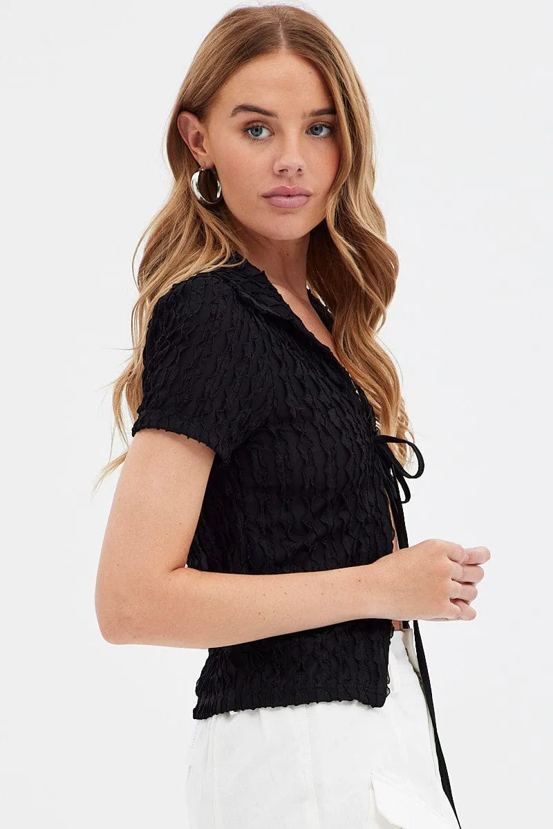 AntiPillingCloth Lightweight Feel Black Tie Front Shirts Short Sleeve