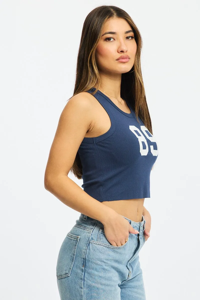 Blue Graphic Tank Sleeveless Urban Streetwear Non Irritating Collar