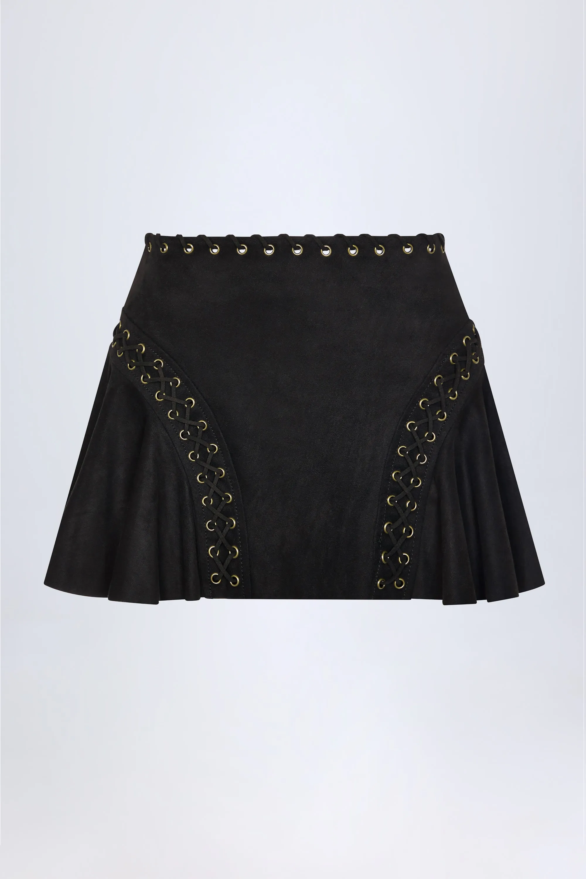 Lace-Up Mid-Rise Mini Skirt in Black Button Details Athleisure Inspired
