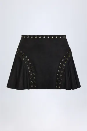 Lace-Up Mid-Rise Mini Skirt in Black Button Details Athleisure Inspired