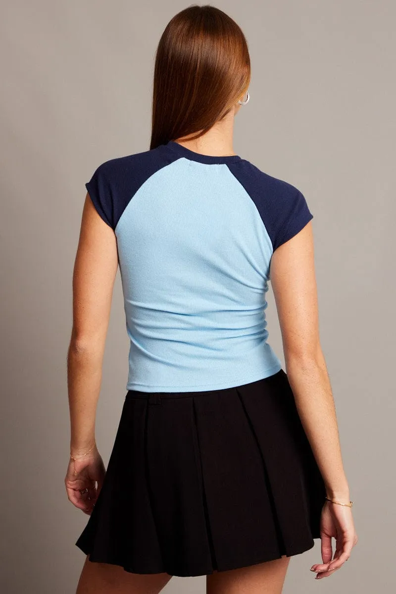 Blue Graphic Tee Raglan Short Sleeve Durable Ribbed Hem comfortable top