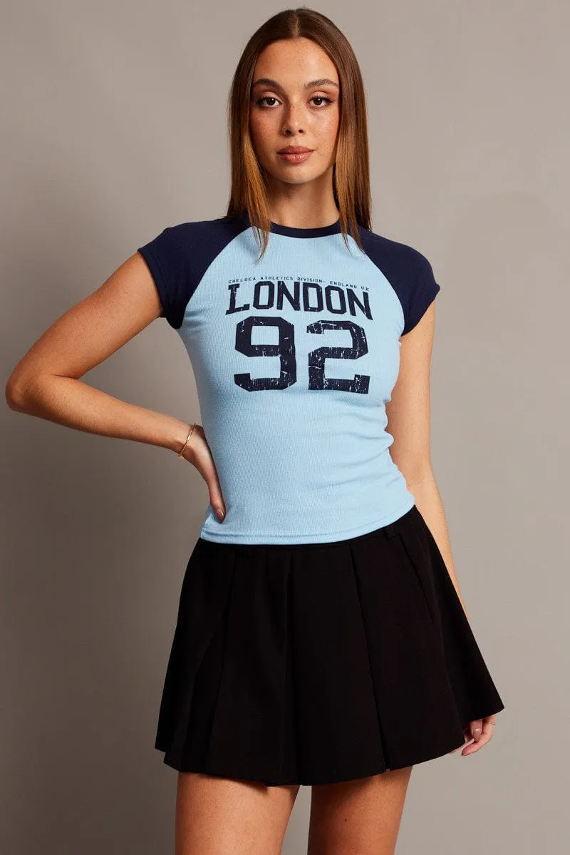 Blue Graphic Tee Raglan Short Sleeve Stylish Wearable Outdoor Style Trend