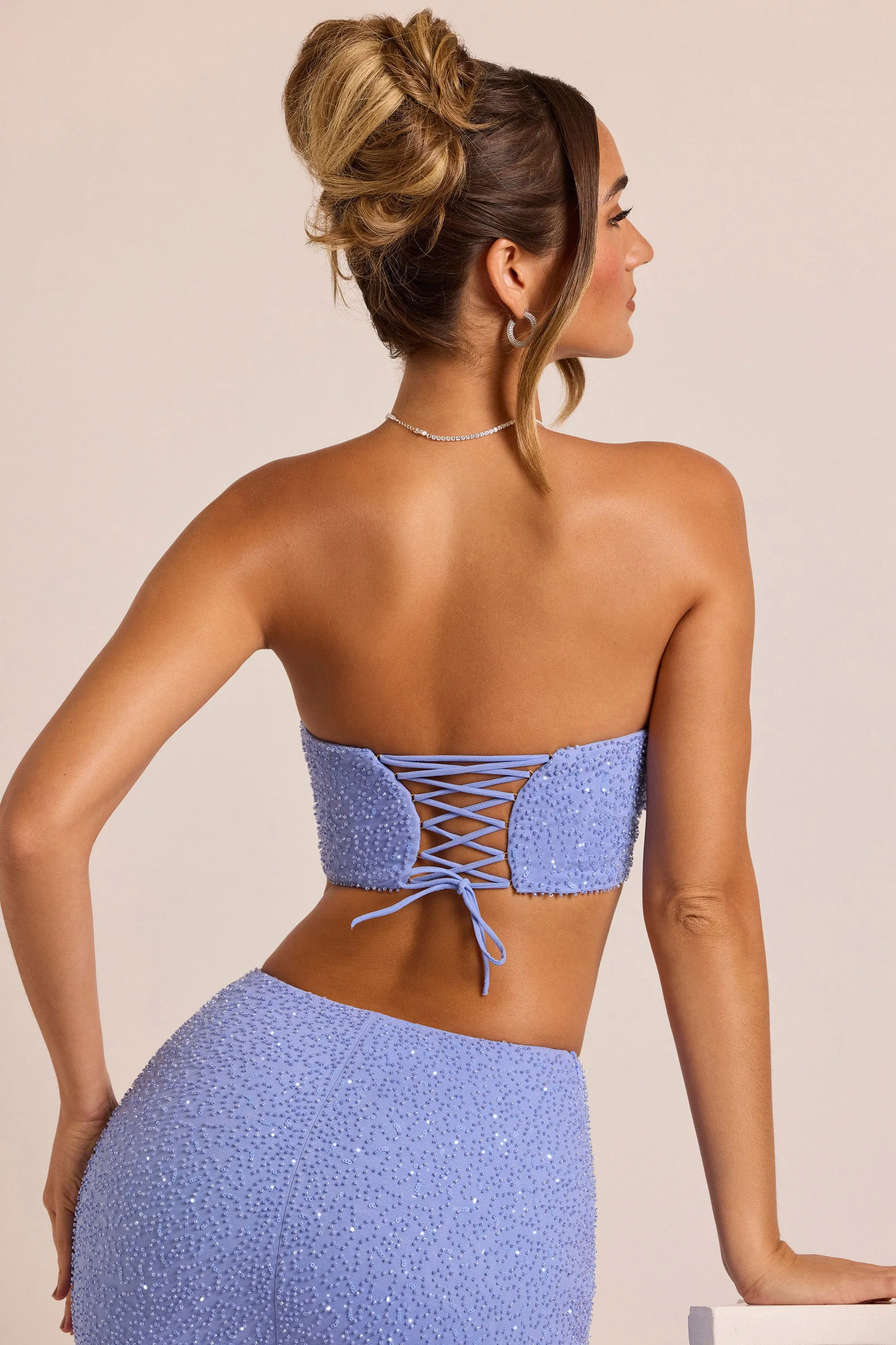 Embellished Strapless Corset Top in Powder Blue Vented Panels Layered Hem Details