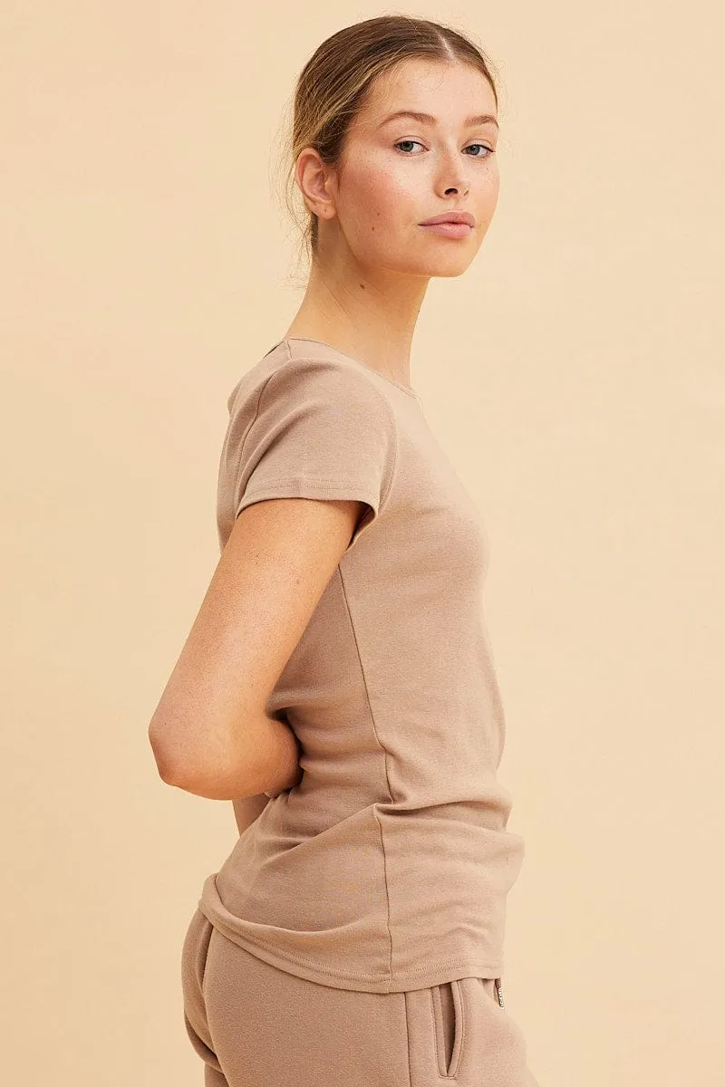 Beige Rib T-Shirt Crew Neck Short Sleeve Chic Accessory