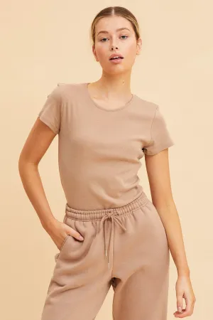 Beige Rib T-Shirt Crew Neck Short Sleeve NonRestrictive Design