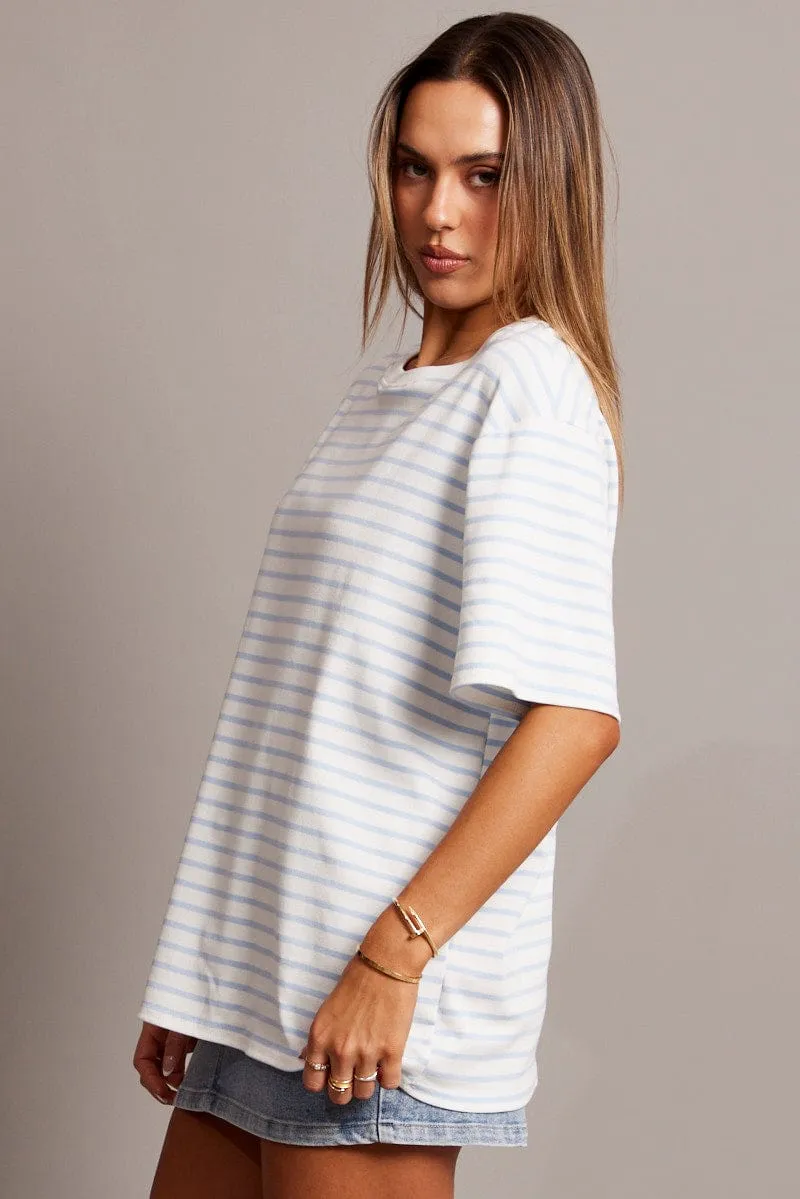 Blue Stripe Oversized T Shirt Short Sleeve Crew Neck BiasCut Trims LowProfile Design