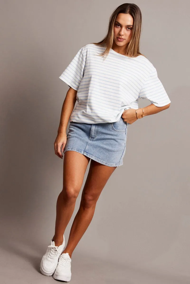 Blue Stripe Oversized T Shirt Short Sleeve Crew Neck Pure Core BreathableFabric