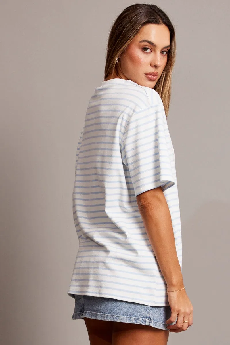 Comfortable Shorts HygroscopicFiber Blue Stripe Oversized T Shirt Short Sleeve Crew Neck