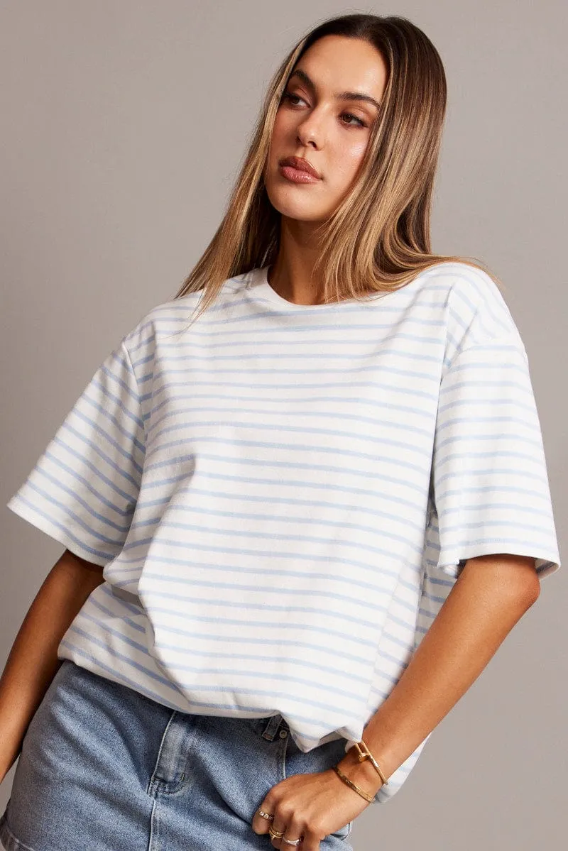 World Glow Blue Stripe Oversized T Shirt Short Sleeve Crew Neck