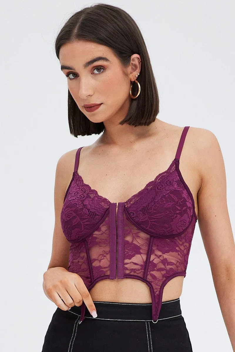 QuickRelease Fasteners Purple Corset Top Sleeveless Sweetheart Crop Garter Lace