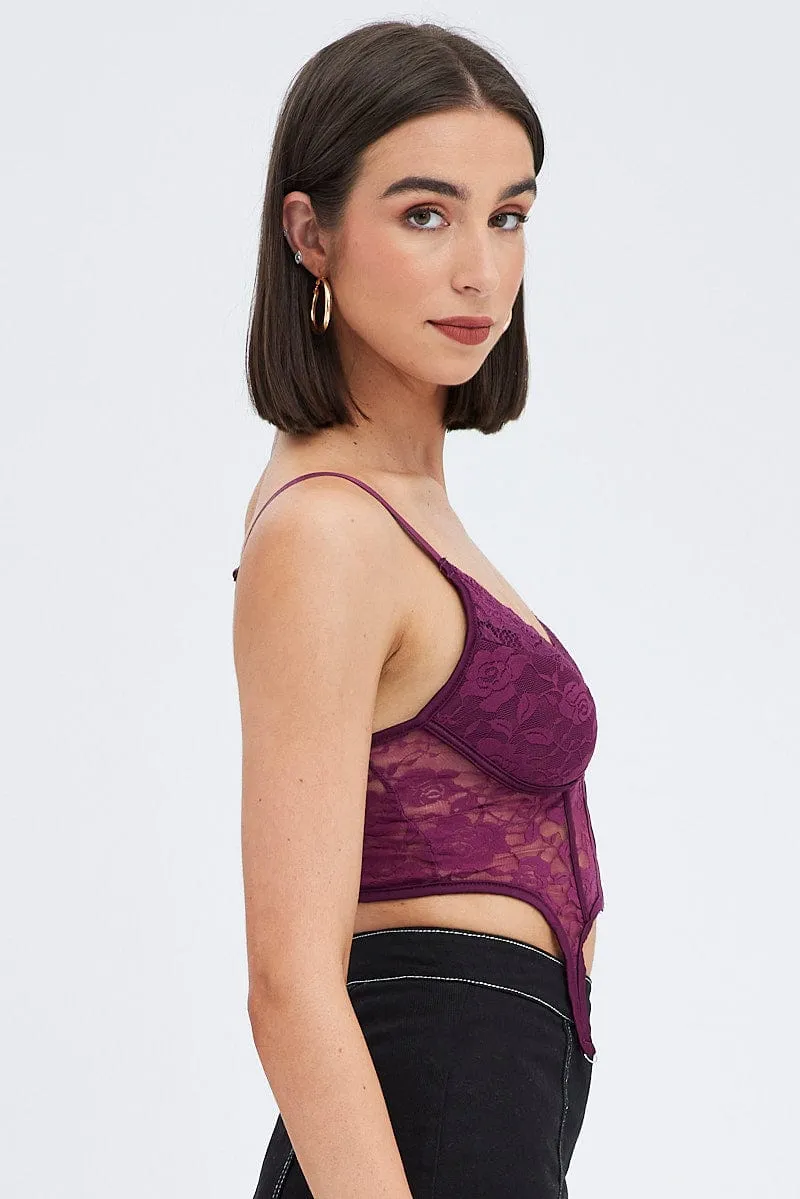 Purple Corset Top Sleeveless Sweetheart Crop Garter Lace mesh ventilation
