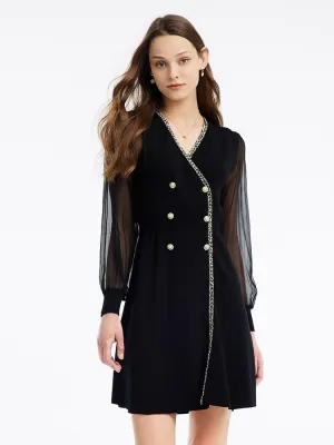 Tulle Sleeve V-Neck Double-Breasted Mini Dress Stage Mode