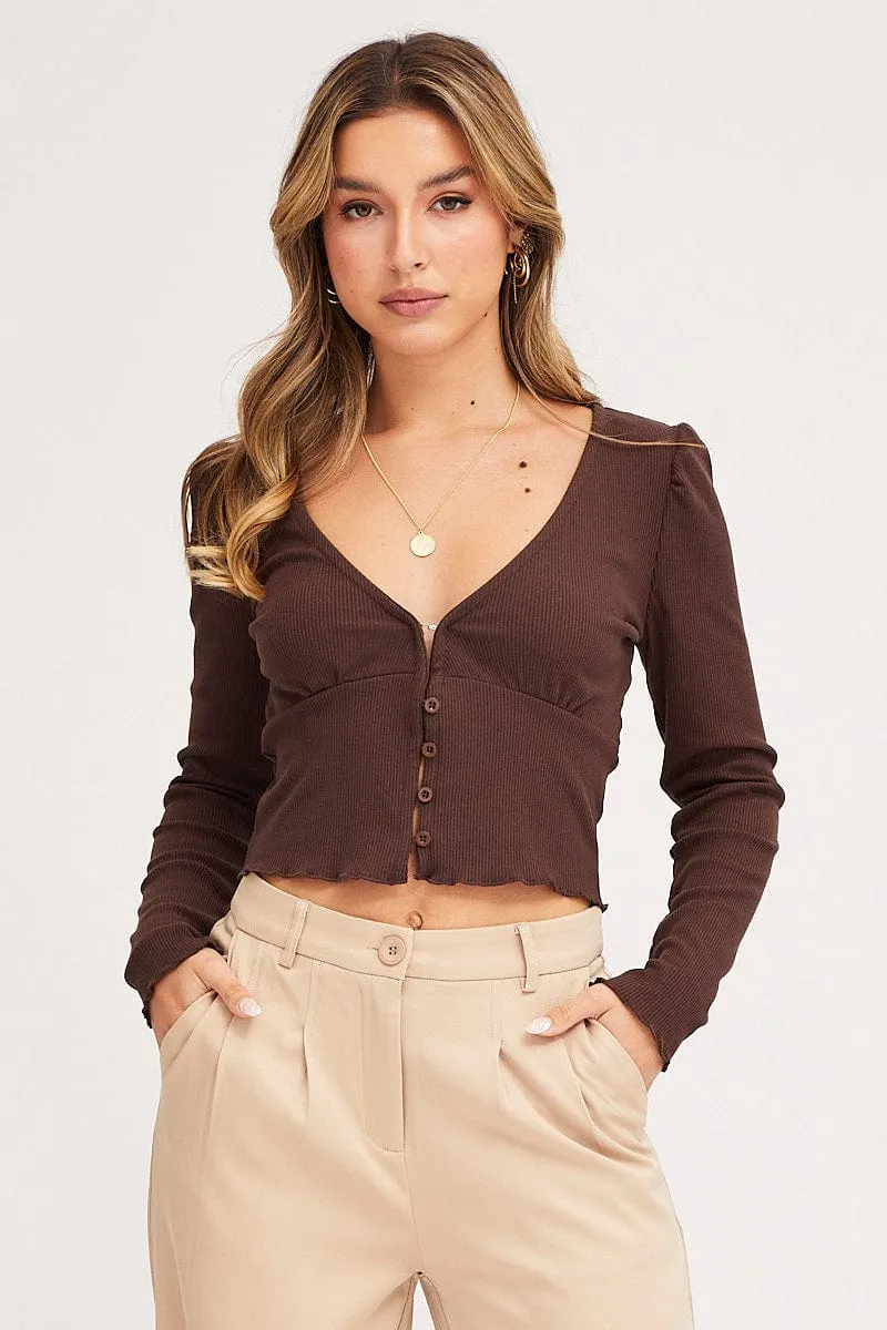 Brown Crop Top Long Sleeve Open Glow WrinkleResistant