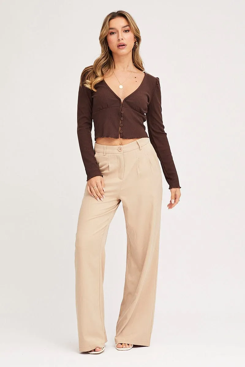 Casual Blouse Brown Crop Top Long Sleeve