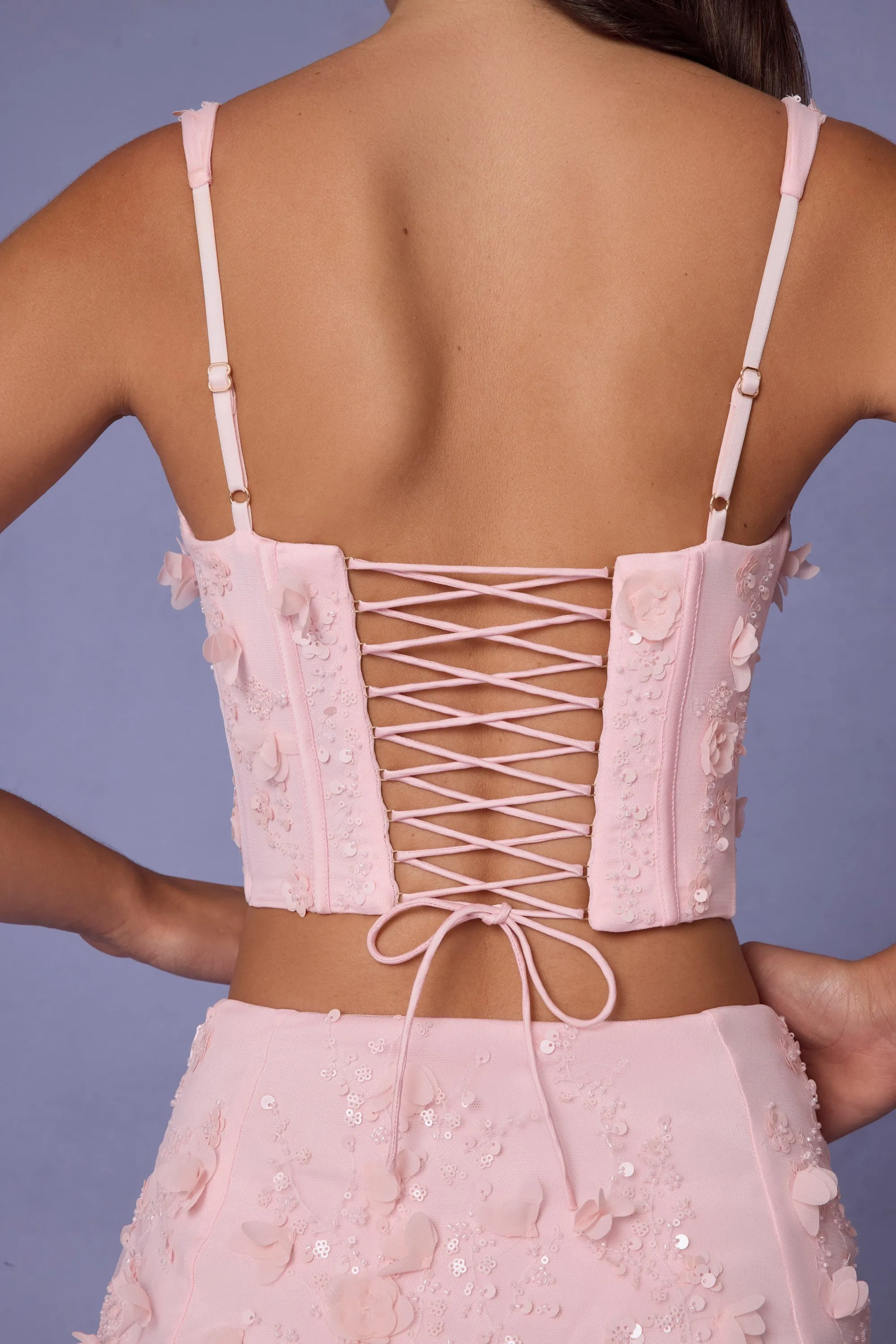 Professional Clothing Design Edge Embellished Lace-Up Corset Top in Soft Pink