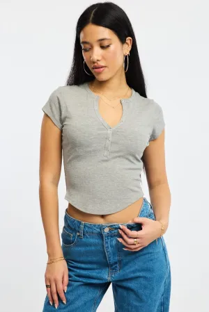 Recycle Glow Active Ease Grey T-shirt Short Sleeve Henley Neck Rib