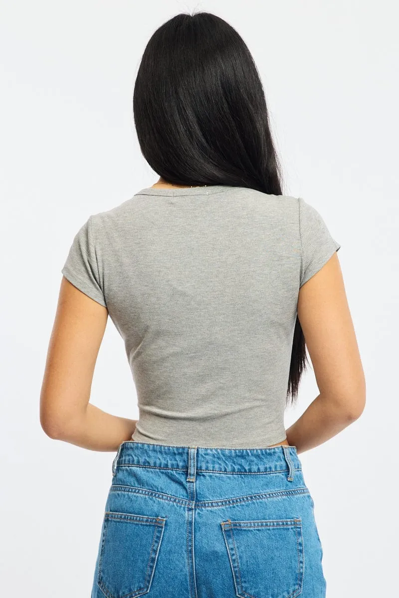 Grey T-shirt Short Sleeve Henley Neck Rib Vented Panels