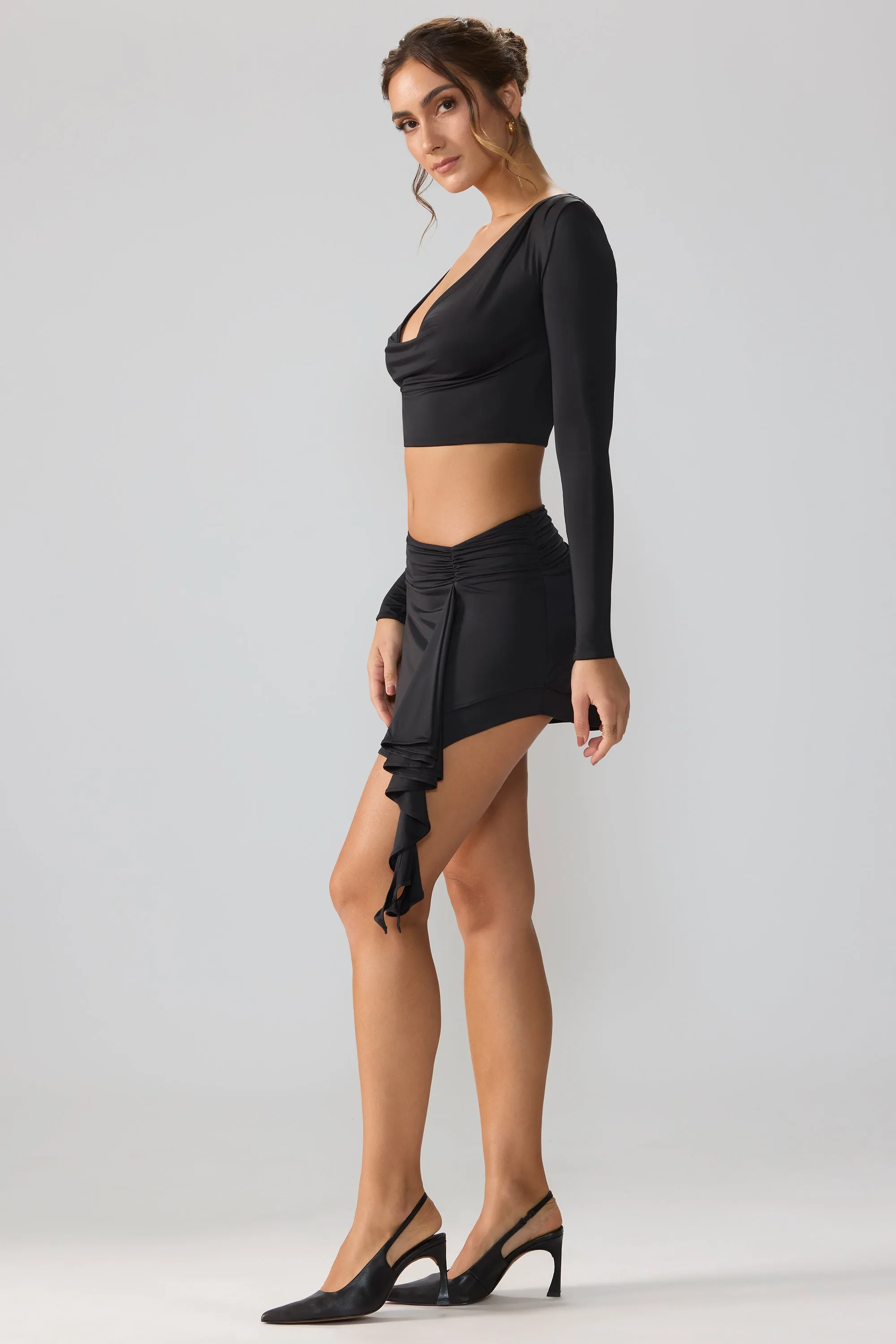 Invisible Seams Slinky Jersey Mid Rise Ruffle Layer Mini Skirt in Black