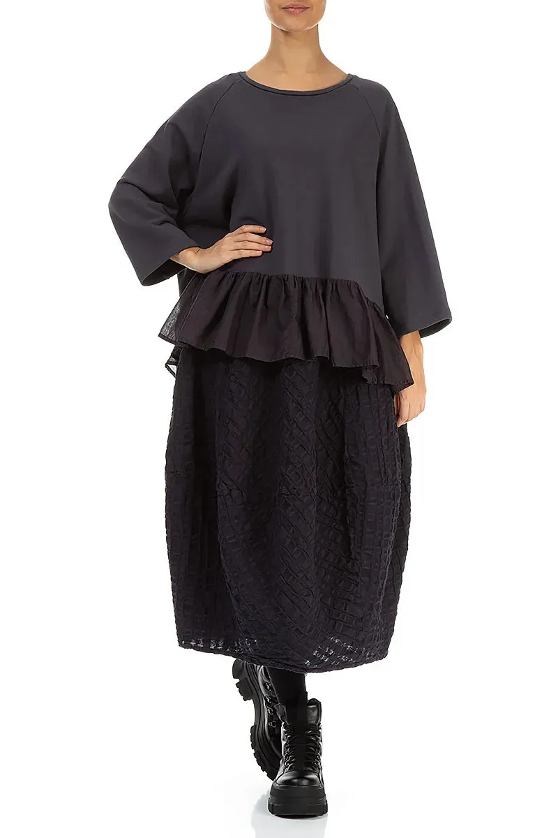 Balloon Slate Blue Checkered Linen Cotton Skirt Elastic hemline