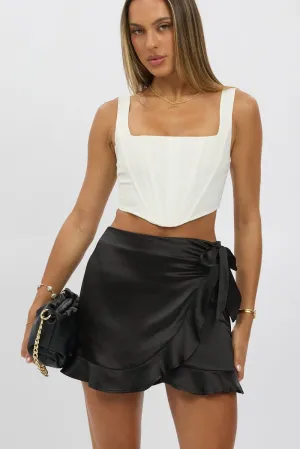 Black Wrap Skirt High Waisted Mini Ruffle Satin Simple Fashion