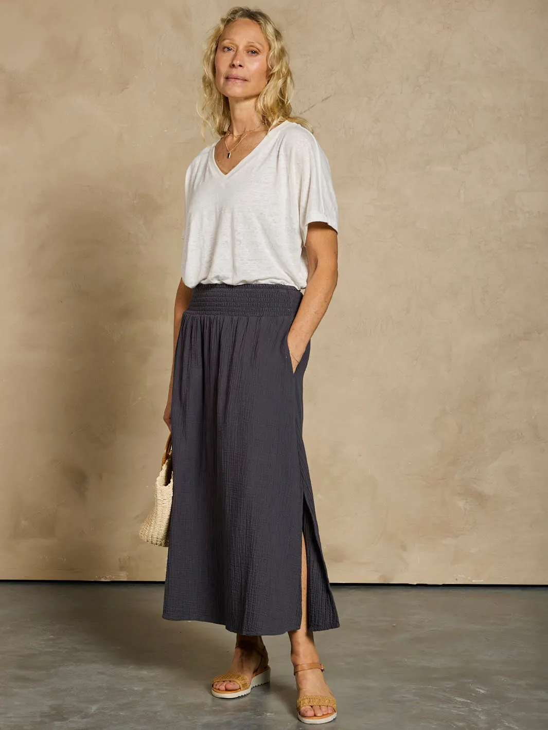 Chania Cotton Skirt Charcoal Double Layer Trendy Outfit