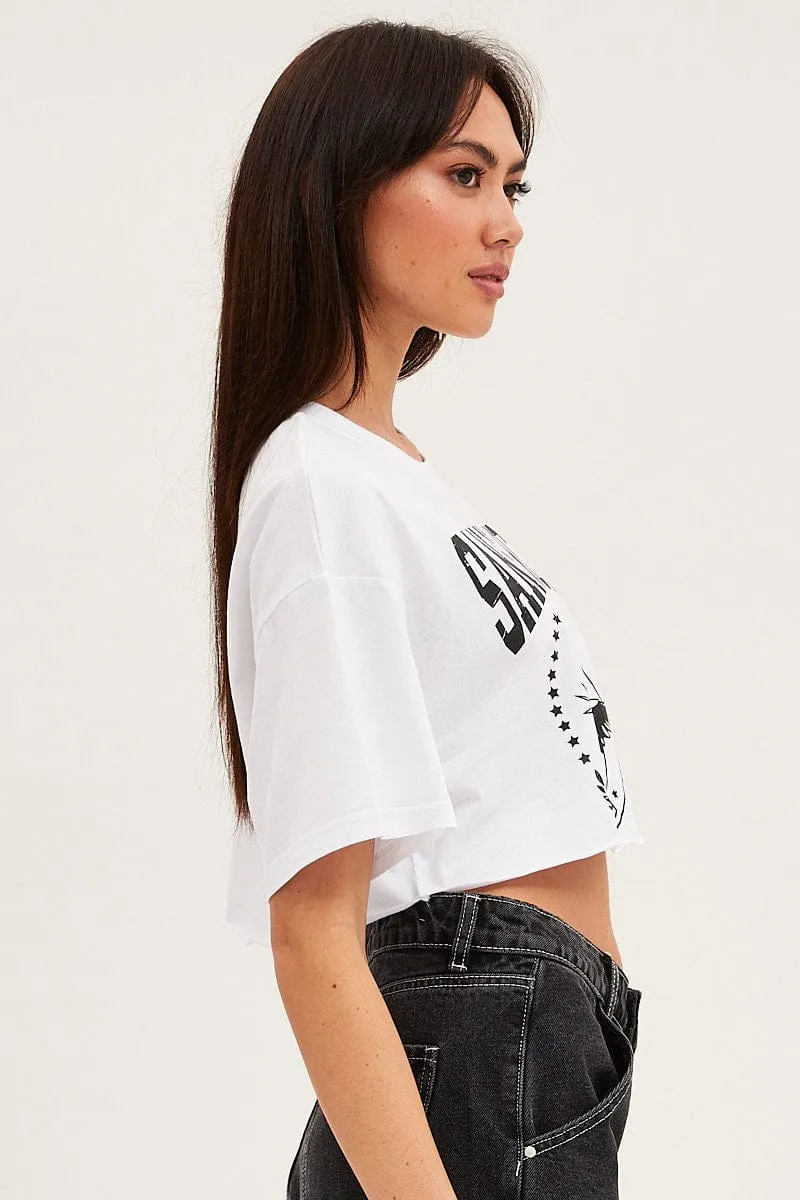 Active Comfort Style Wrinkle Free Fabric White Graphic T Shirt Short Sleeve Crop