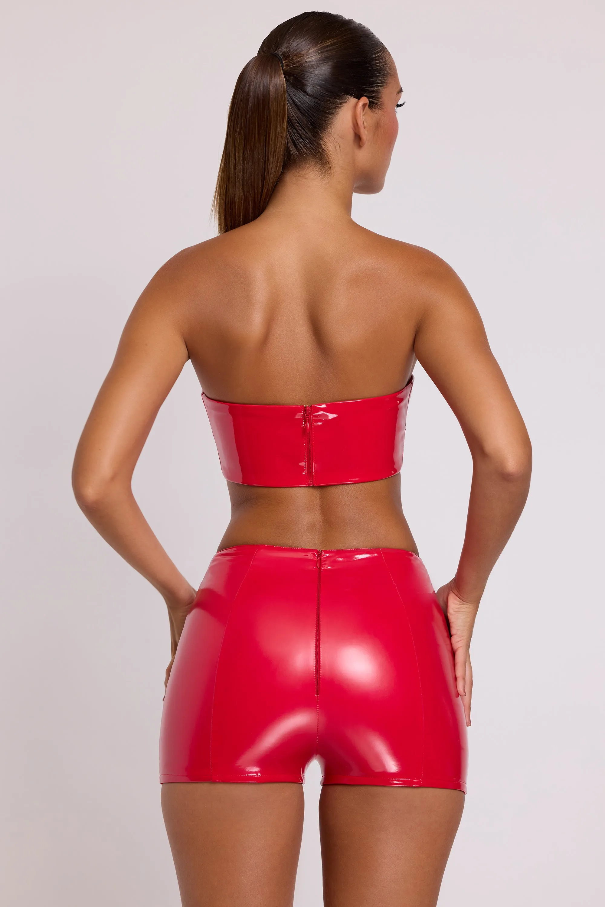 hikers Sun Protection Fabric Vinyl Angled Waist Mini Shorts in Fire Red
