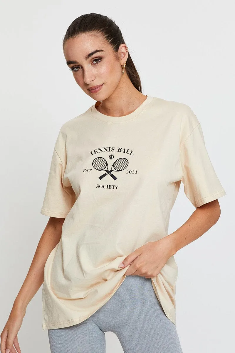 Beige Graphic T-Shirt Short Sleeve Oversized Chill Wear Stylish Comfort