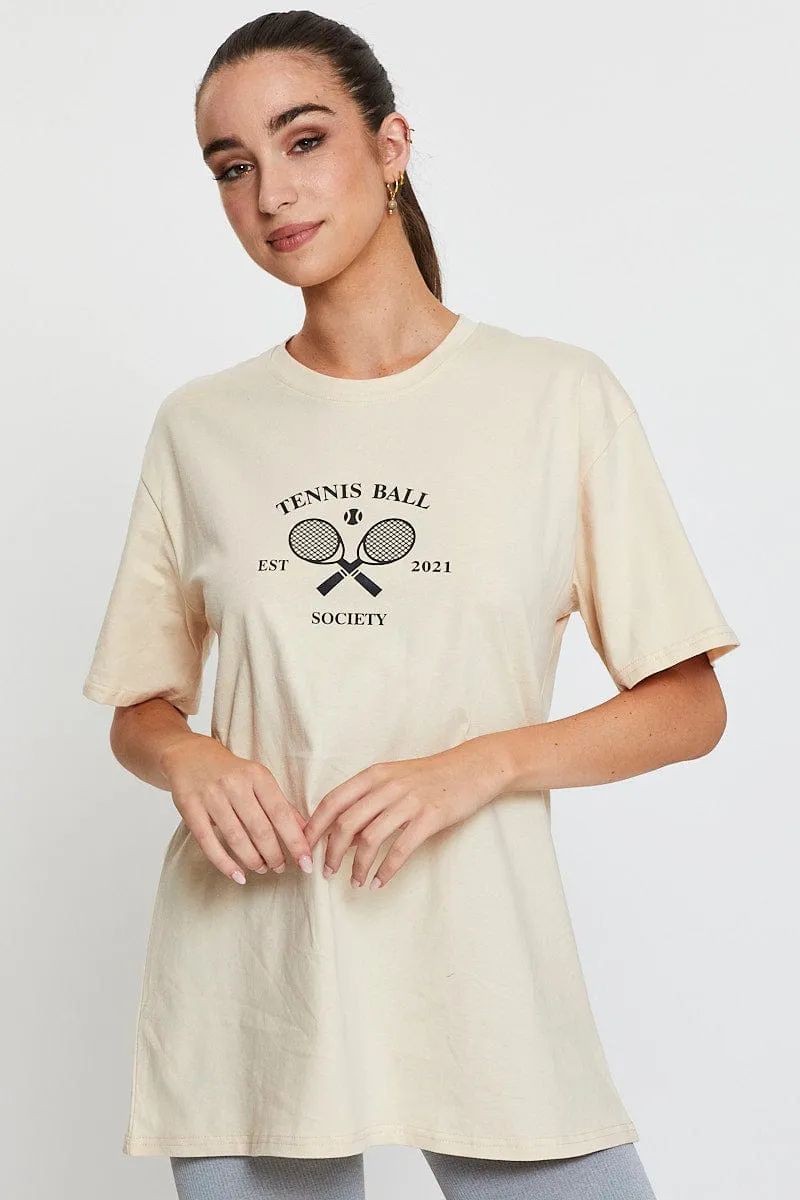 Outdoor Wear Beige Graphic T-Shirt Short Sleeve Oversized