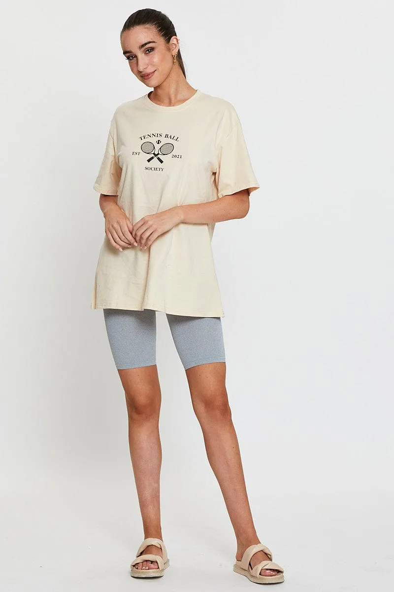 sequined details Urban Fashion Beige Graphic T-Shirt Short Sleeve Oversized