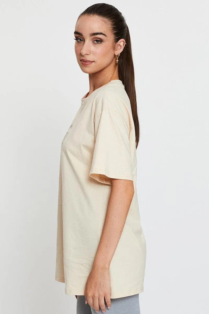 Ribbed Collar Design Beige Graphic T-Shirt Short Sleeve Oversized