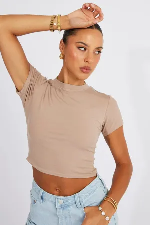 LowProfile Fasteners High-Waisted Pants Brown T Shirt Short Sleeve Crew Neck