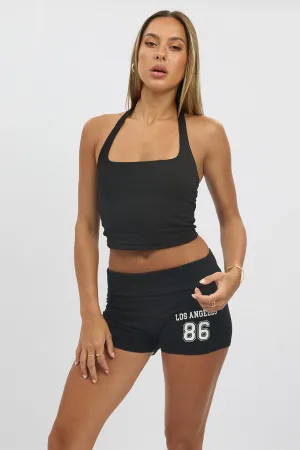 Black Folded Waist Biker Shorts Active Wear Shorts fade resistant color