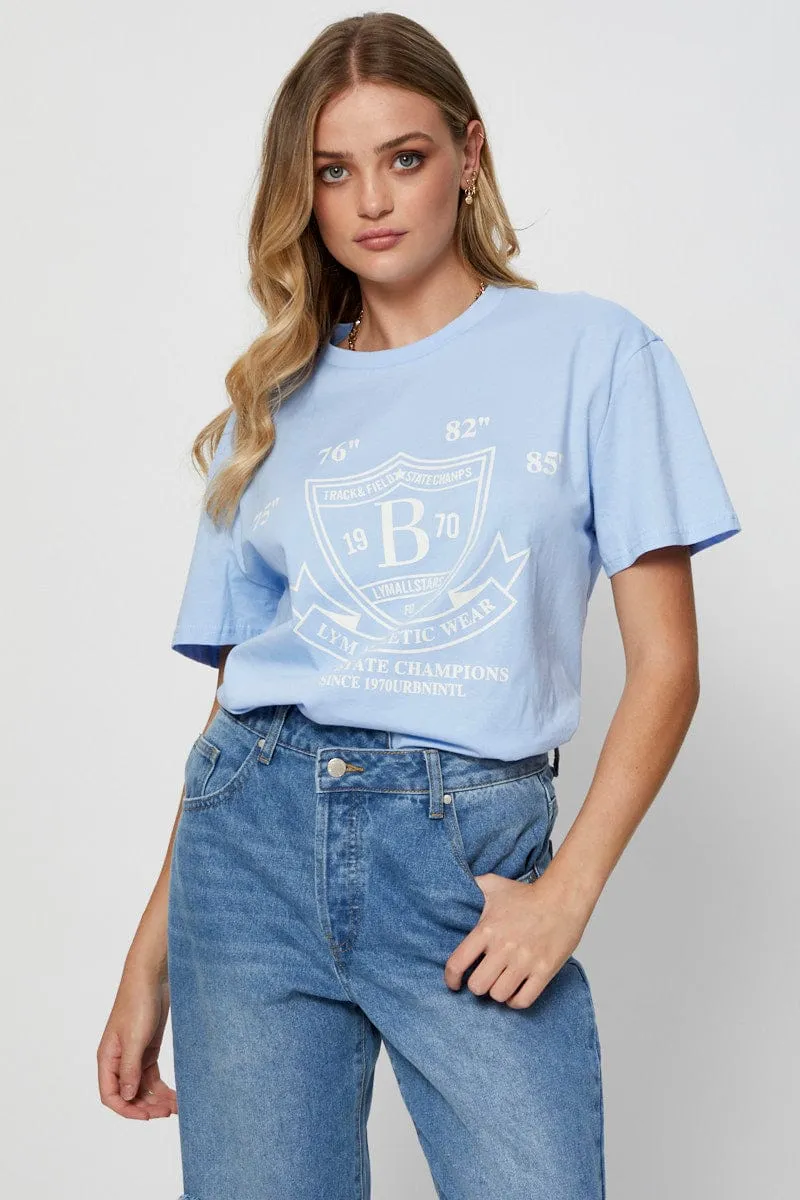 Blue Graphic T Shirt Short Sleeve Holiday Outfit Style