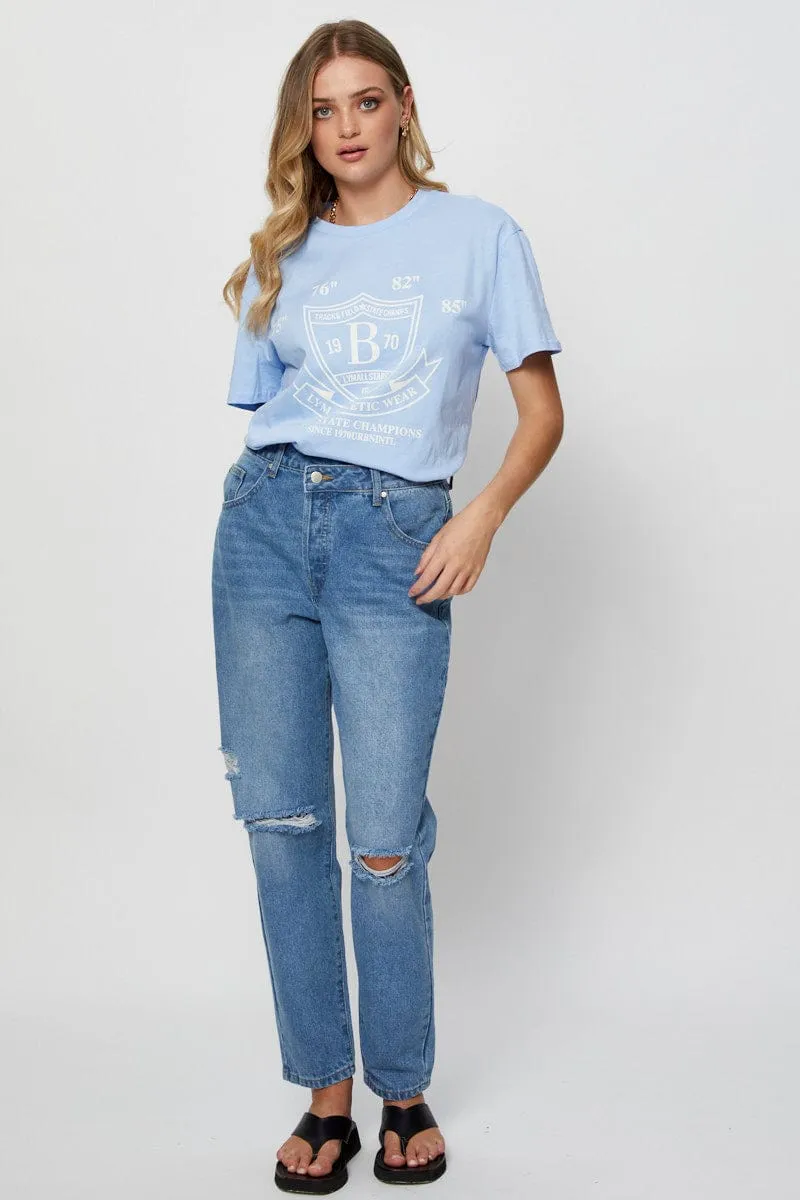 City Fashion Blue Graphic T Shirt Short Sleeve