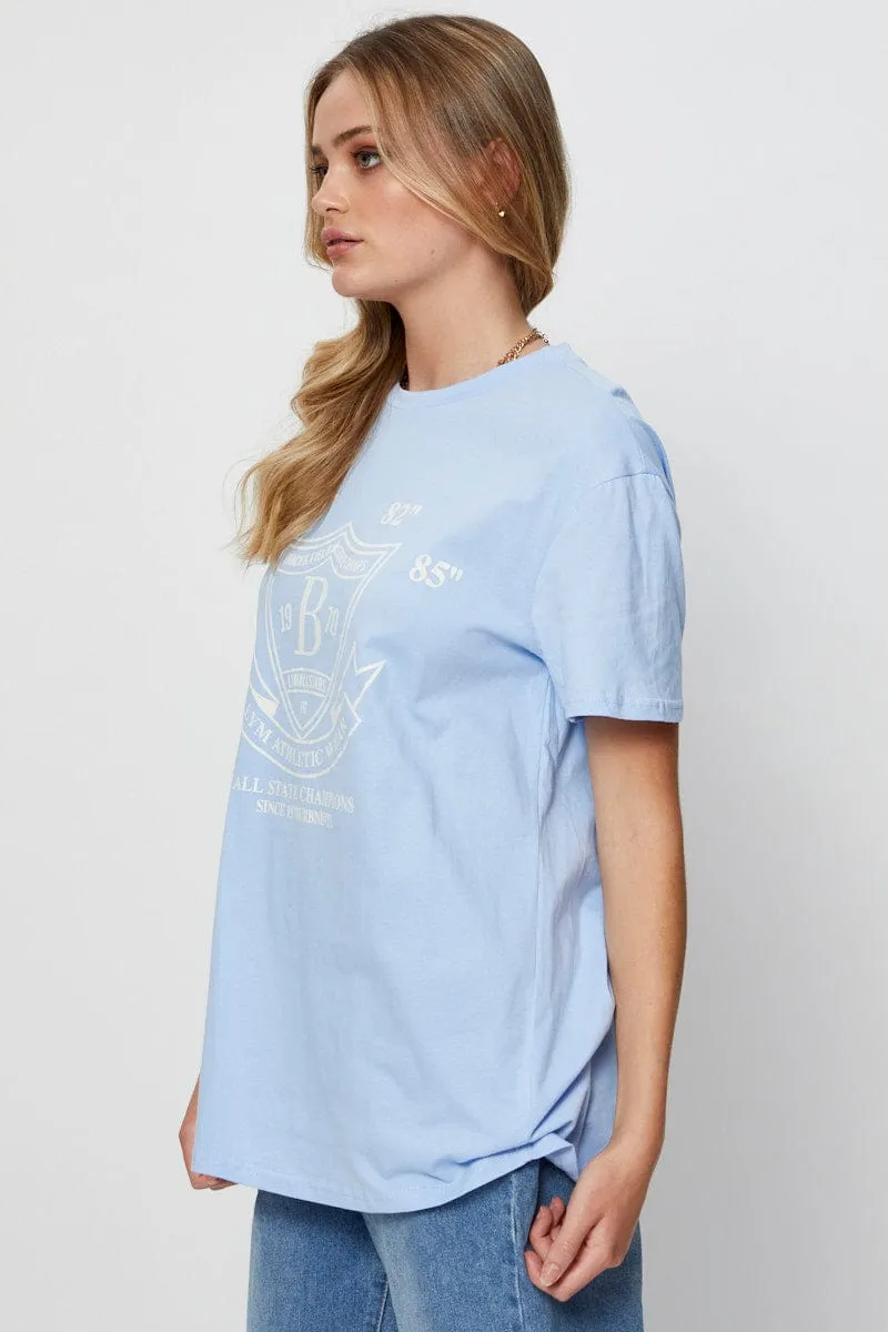 Long Sleeve Blue Graphic T Shirt Short Sleeve