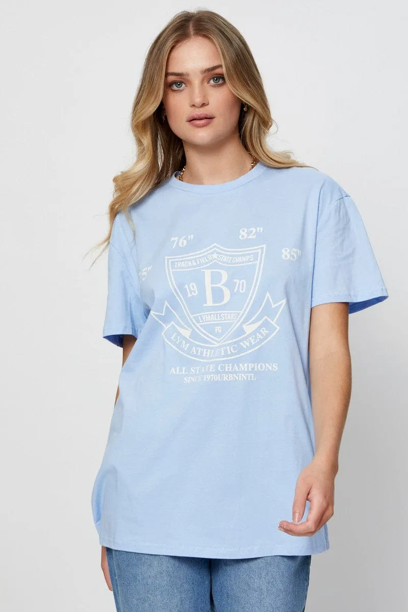 Teenager fashion Blue Graphic T Shirt Short Sleeve