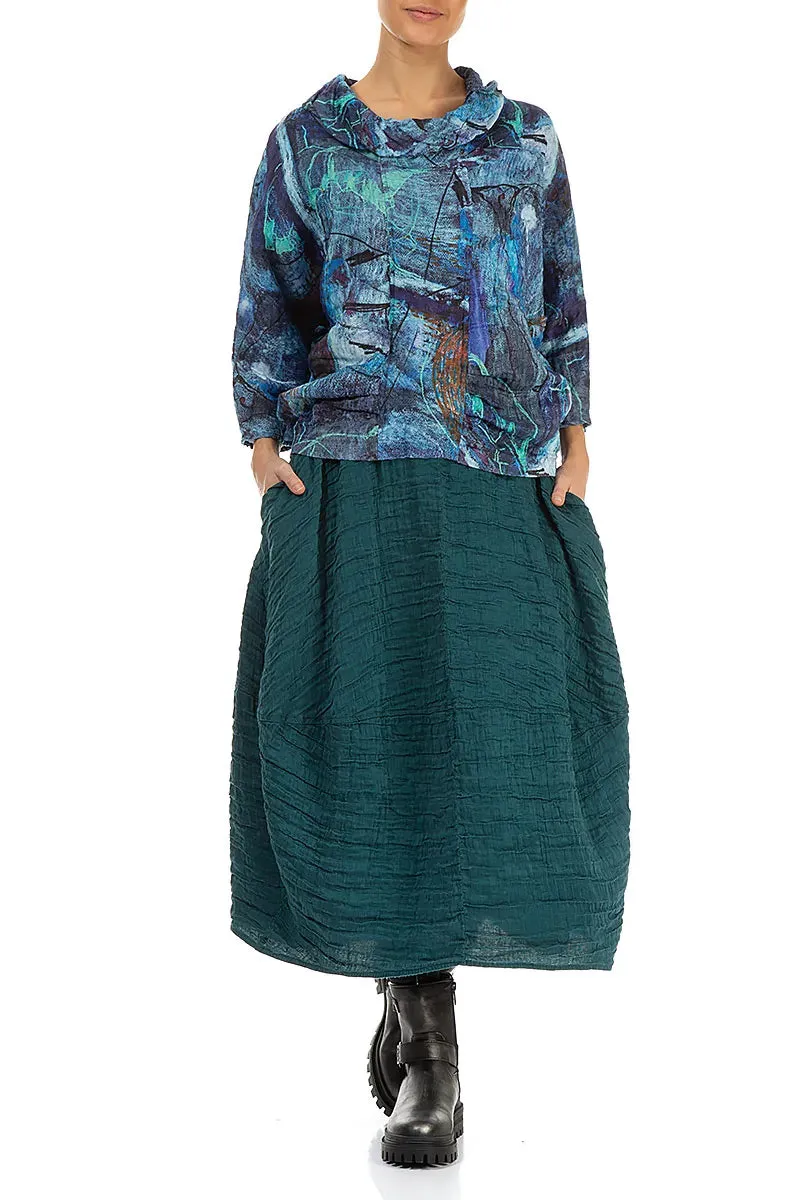 Full Circle Balloon Shape Crinkled Peacock Silk Linen Skirt
