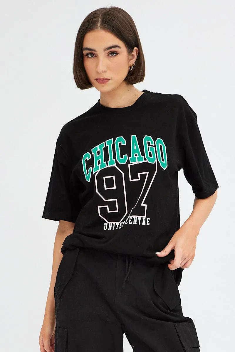 Black Chicago Tee Short Sleeve Round Neck Embroidered Eco Certified Textile