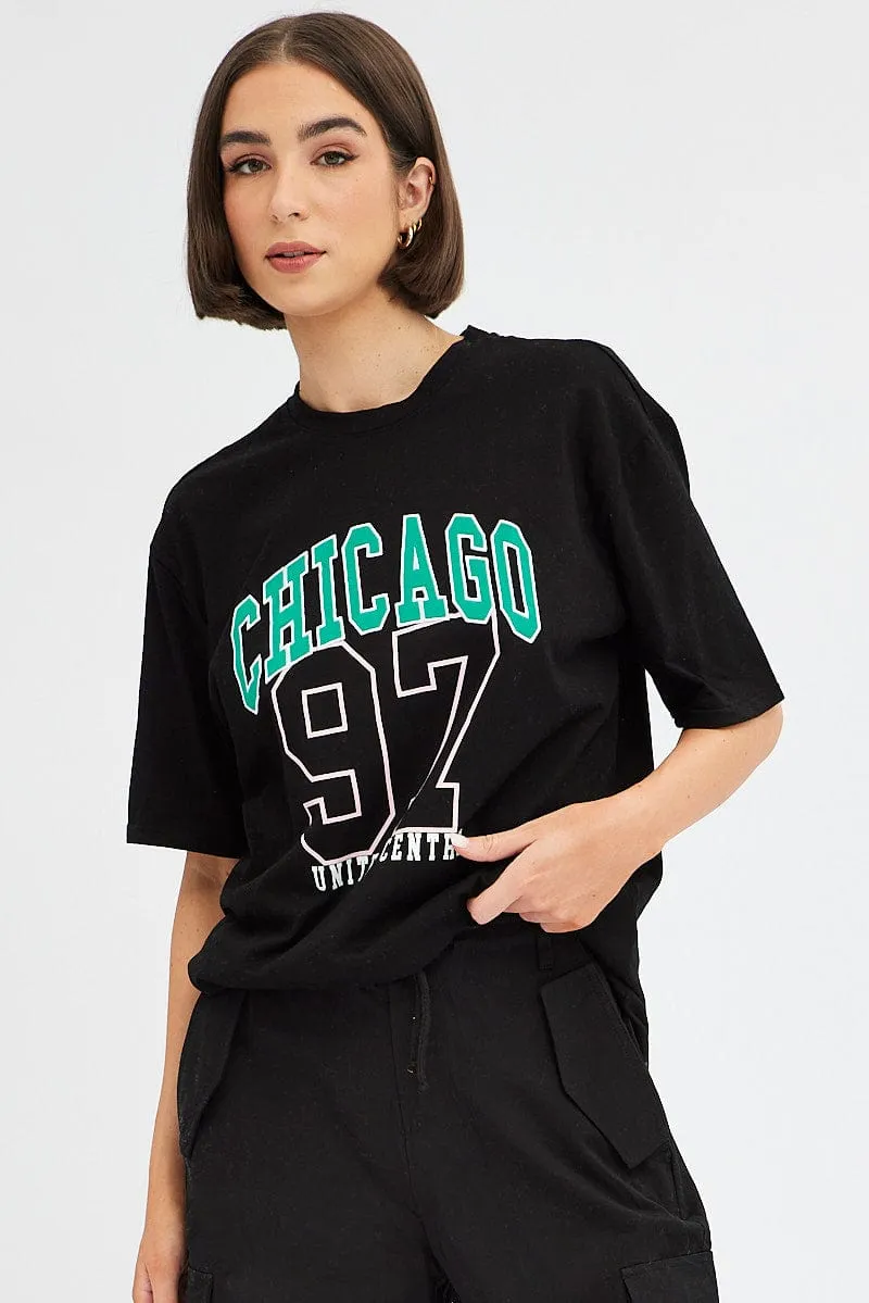 Cozy Essentials Easy Care Fabric Black Chicago Tee Short Sleeve Round Neck Embroidered